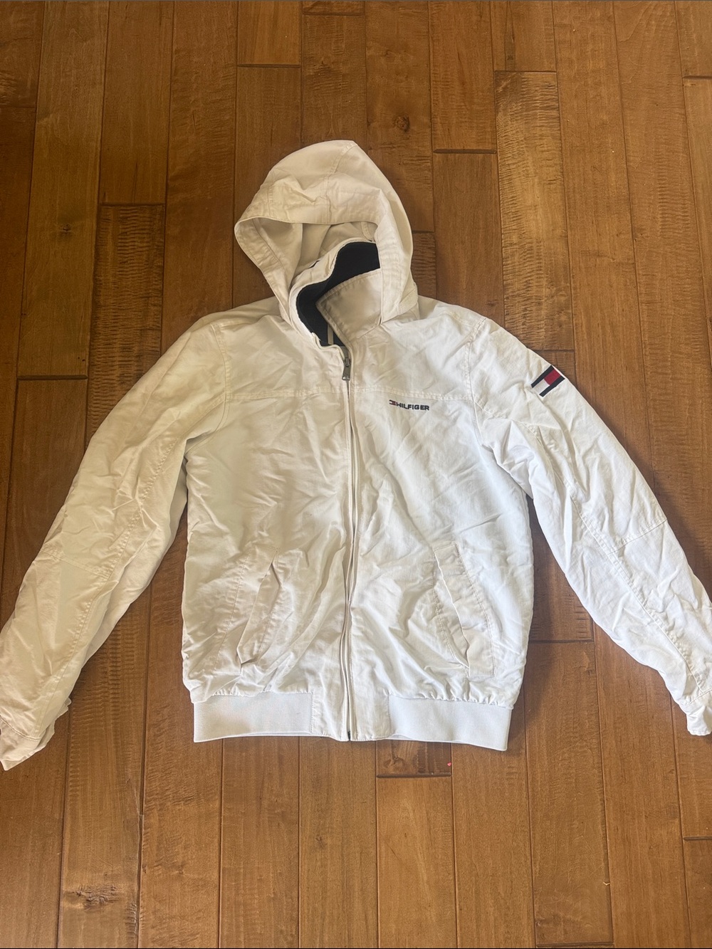 Tommy Hilfiger White Hooded Windbreaker with Flag Detail